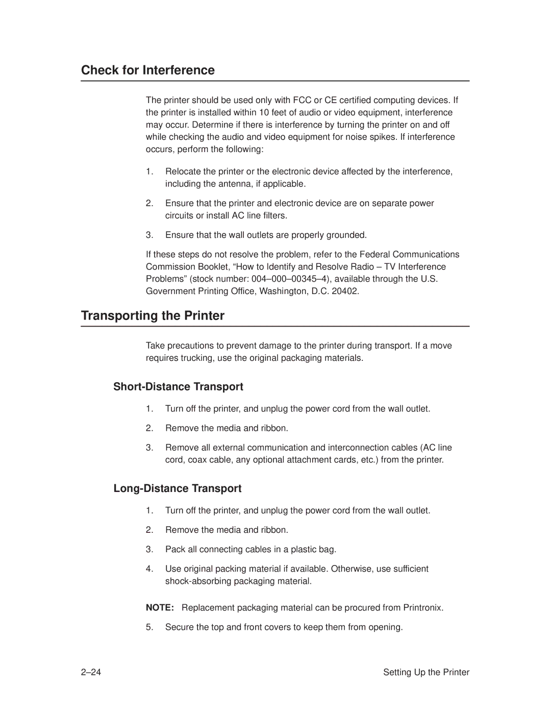 Printronix T3308 manual Check for Interference, Transporting the Printer, Short-Distance Transport, Long-Distance Transport 