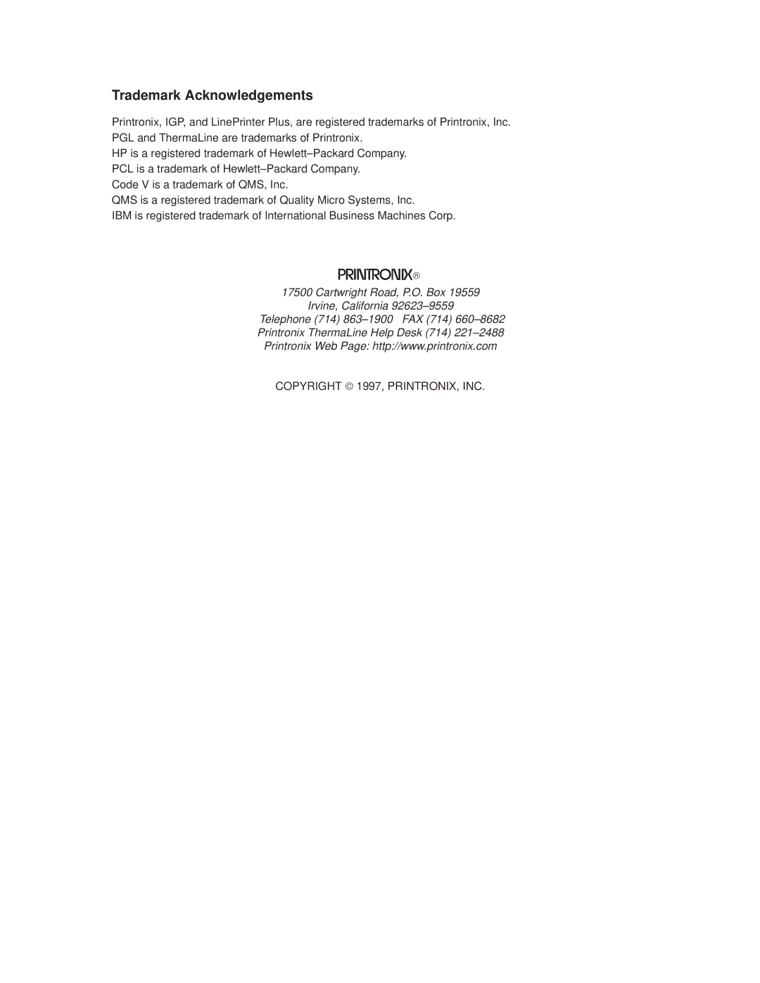 Printronix T3306, T3308 manual Trademark Acknowledgements 