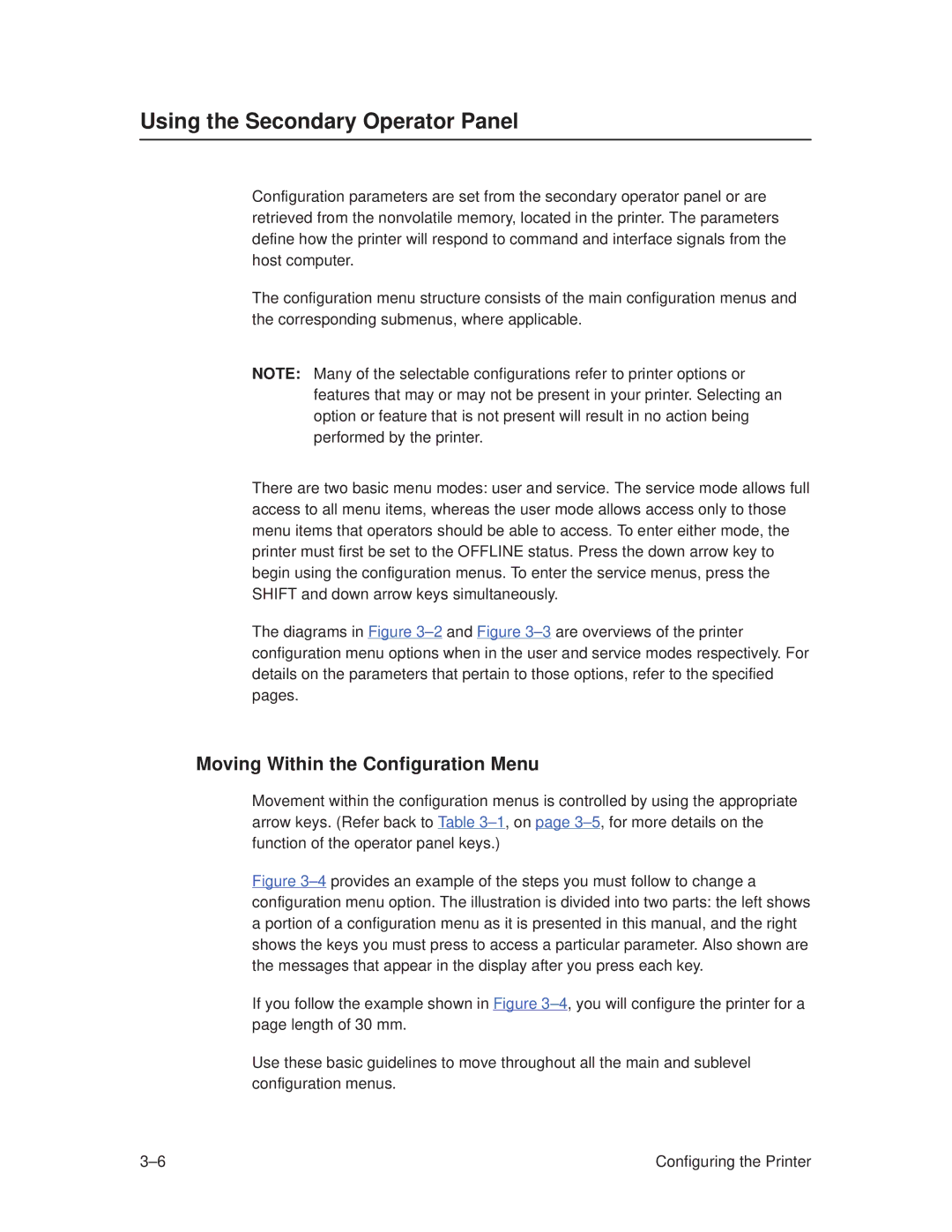 Printronix T3308, T3306 manual Using the Secondary Operator Panel, Moving Within the Configuration Menu 
