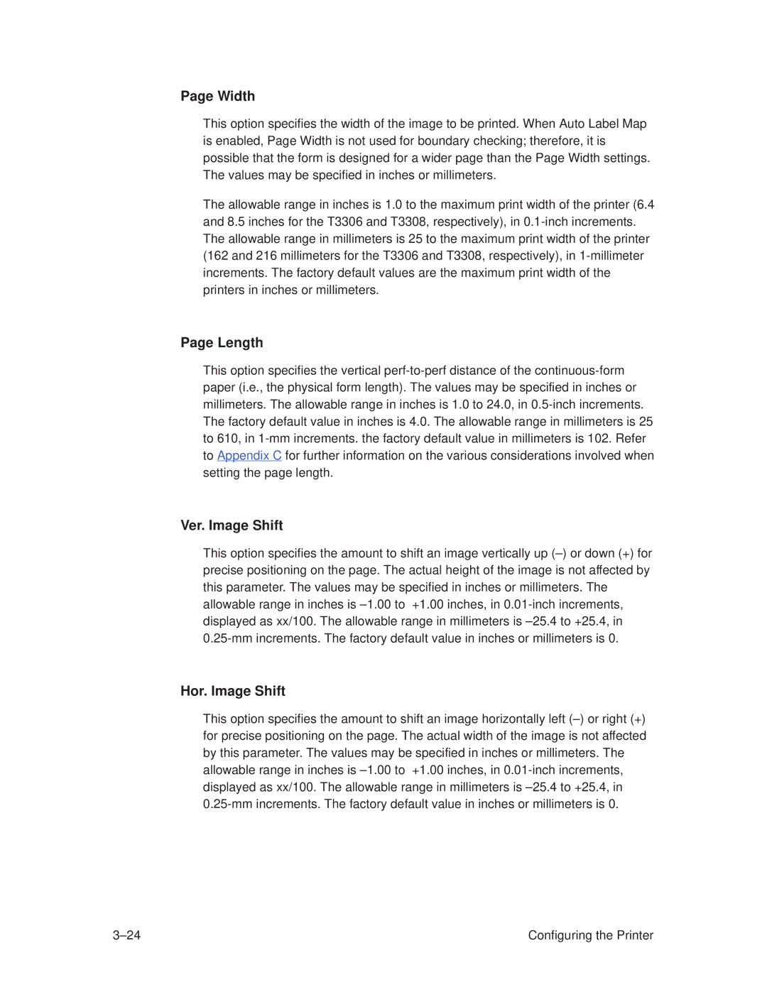 Printronix T3308, T3306 manual Width, Length, Ver. Image Shift, Hor. Image Shift 
