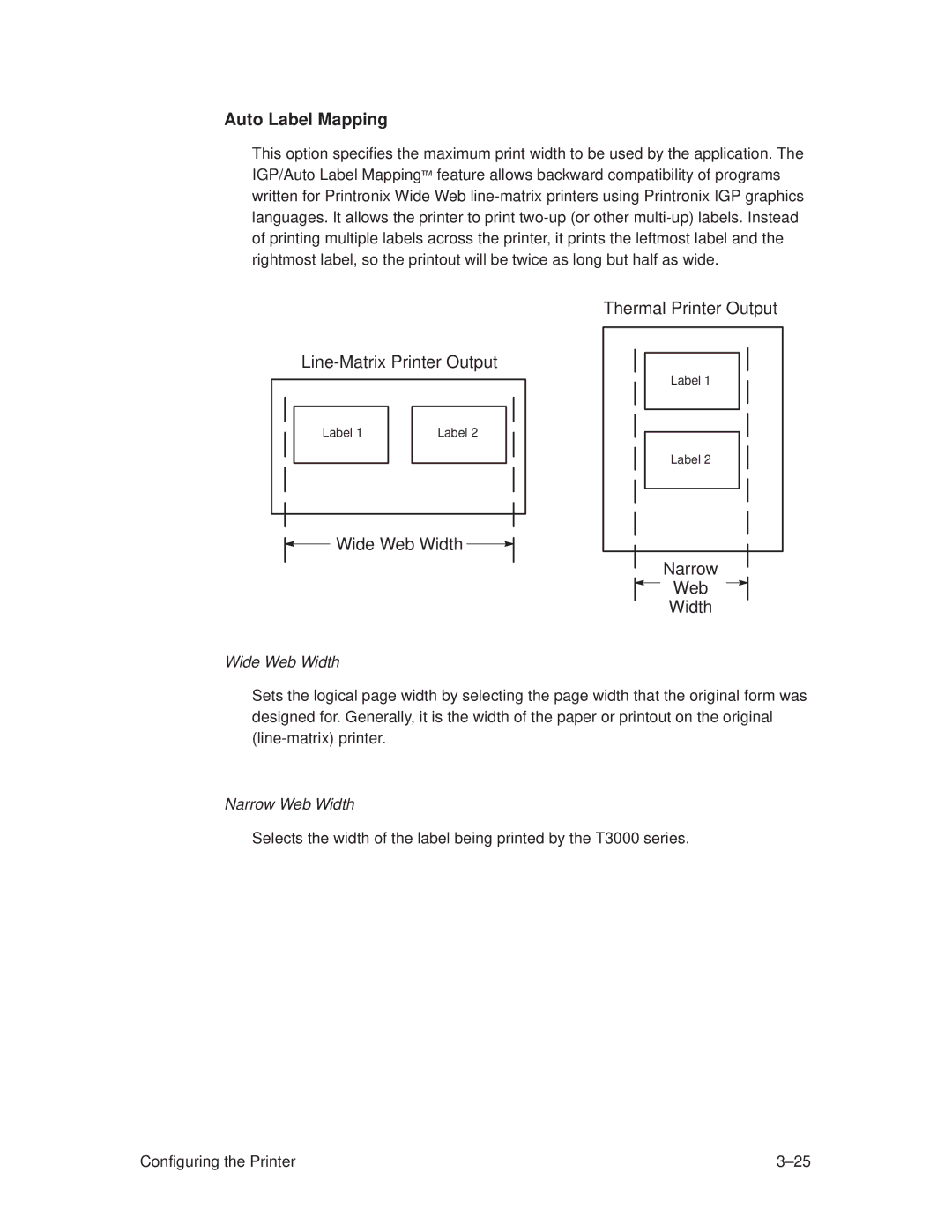 Printronix T3306, T3308 manual Auto Label Mapping, Narrow Web Width 