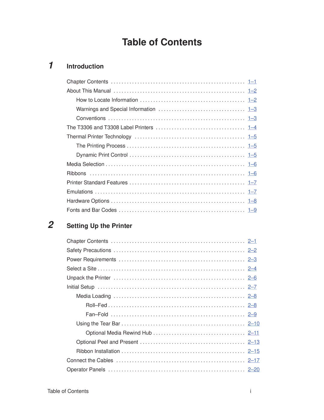 Printronix T3306, T3308 manual Table of Contents 