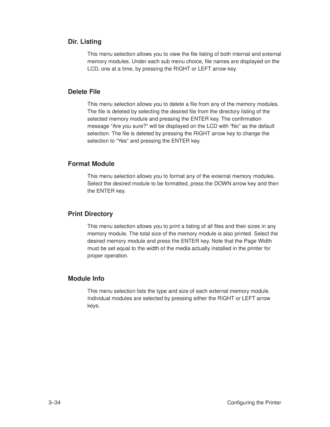 Printronix T3308, T3306 manual Dir. Listing, Delete File, Format Module, Print Directory, Module Info 
