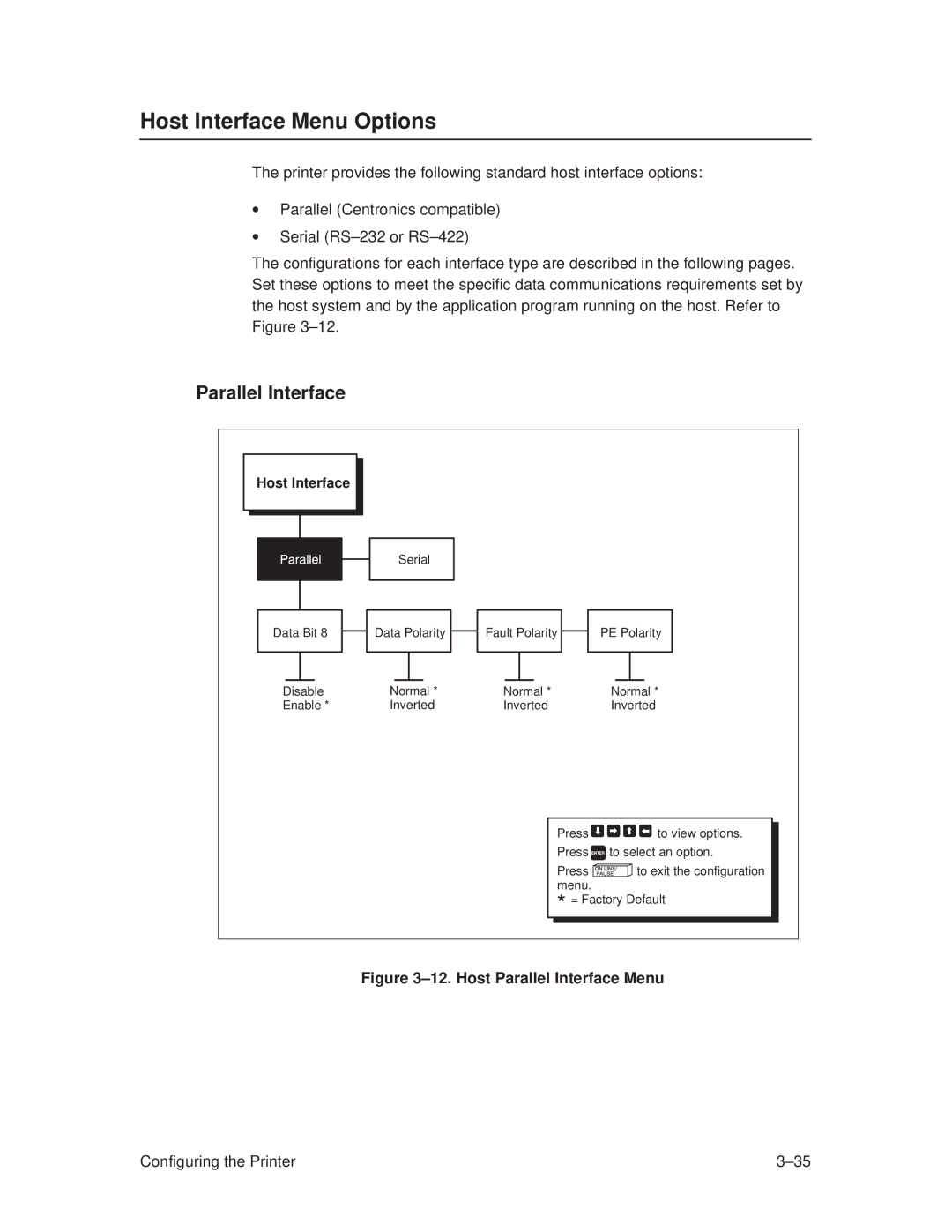 Printronix T3306, T3308 manual Host Interface Menu Options, Parallel Interface 