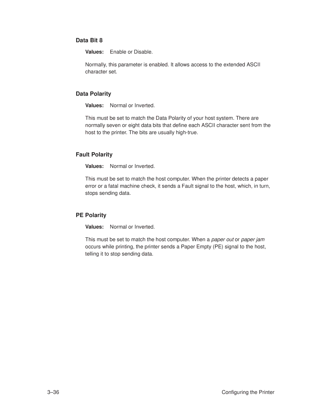 Printronix T3308, T3306 manual Data Bit, Data Polarity, Fault Polarity, PE Polarity 