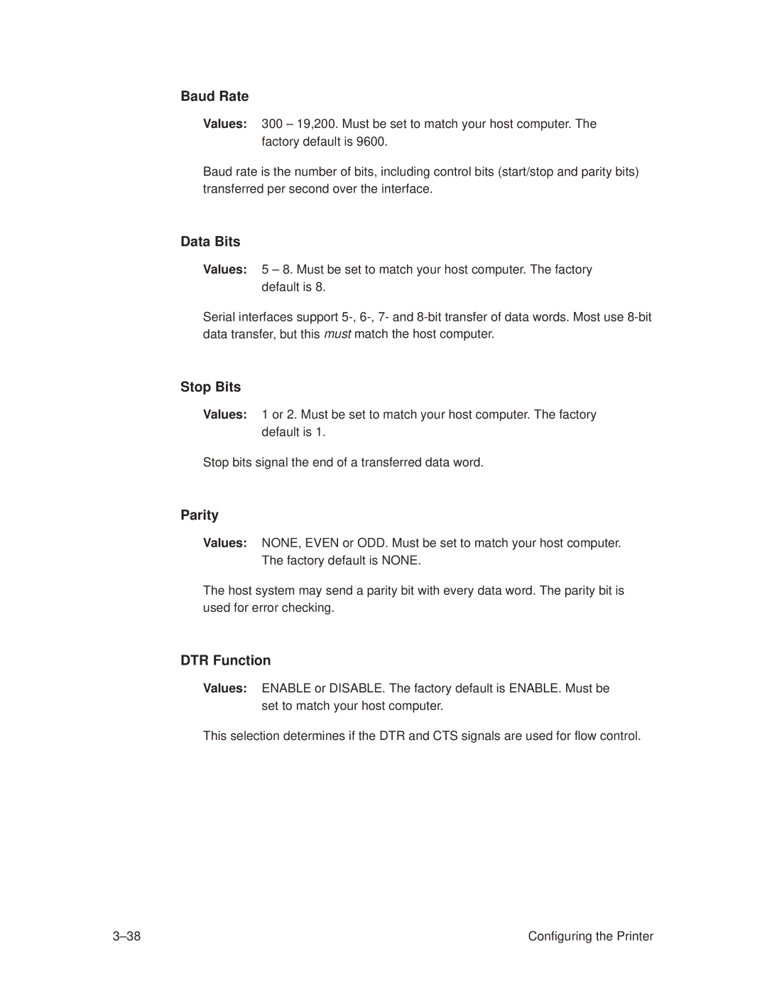 Printronix T3308, T3306 manual Baud Rate, Data Bits, Stop Bits, Parity, DTR Function 