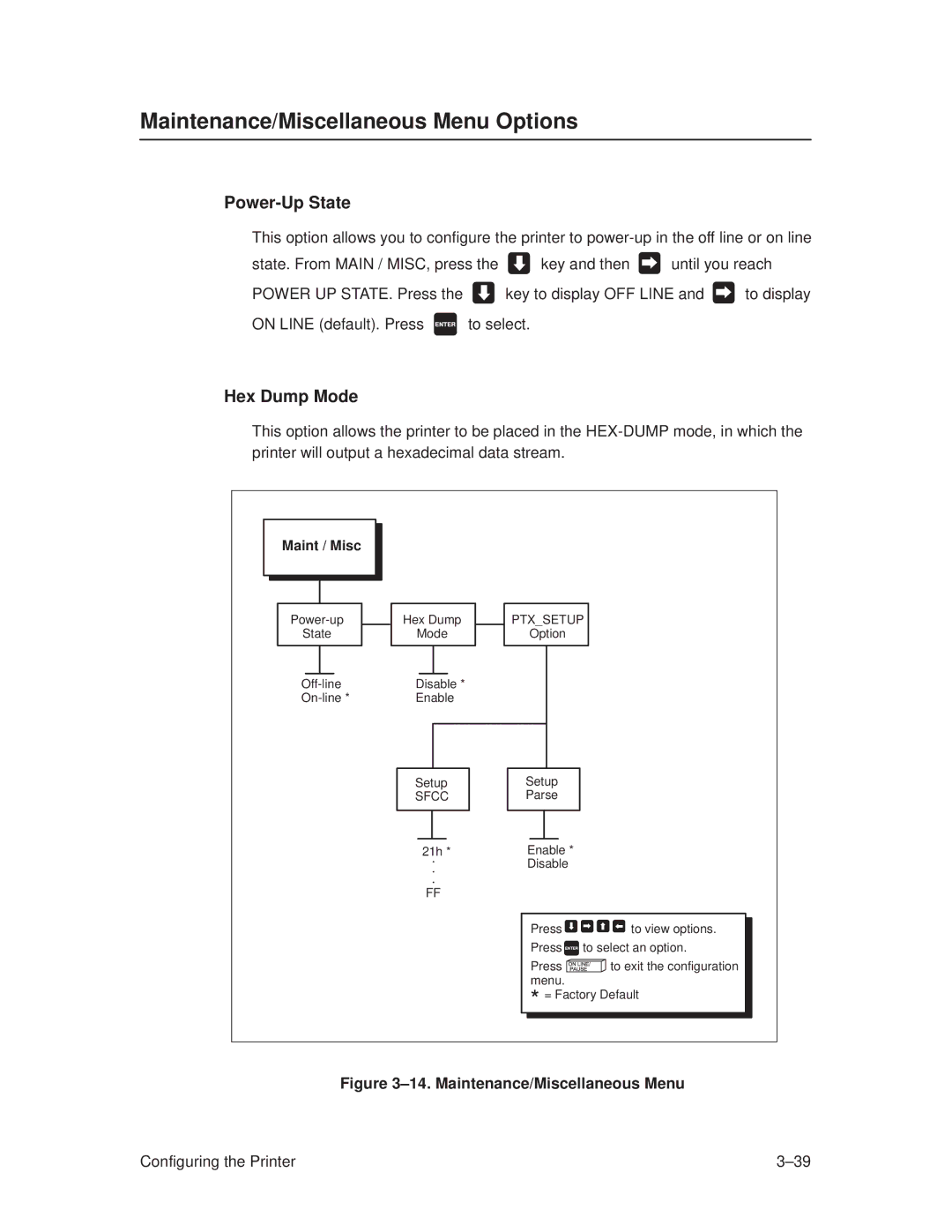 Printronix T3306, T3308 manual Maintenance/Miscellaneous Menu Options, Power-Up State, Hex Dump Mode 