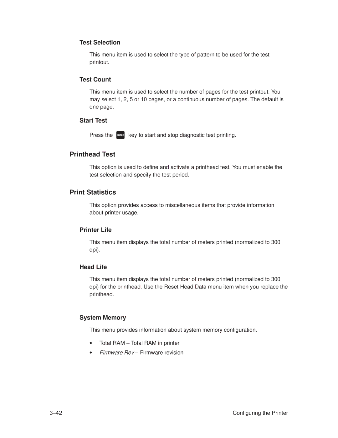 Printronix T3308, T3306 manual Printhead Test, Print Statistics 