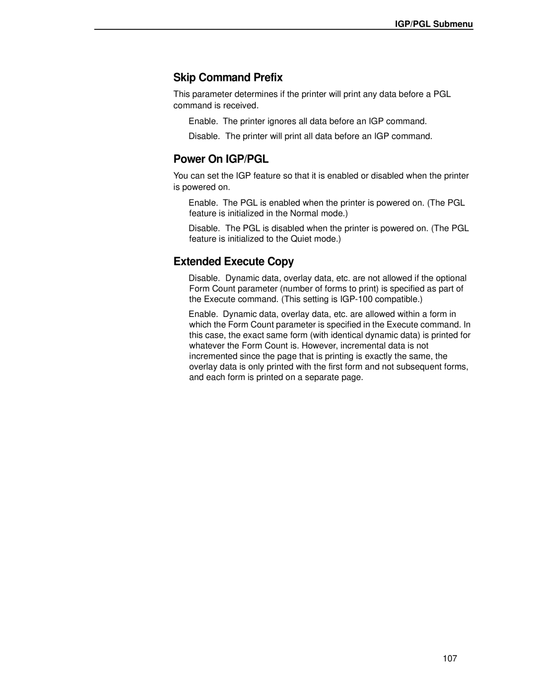 Printronix T4204 manual Skip Command Prefix, Power On IGP/PGL, Extended Execute Copy 