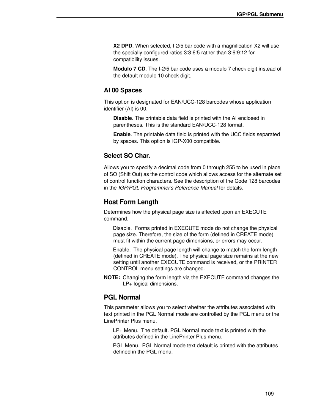 Printronix T4204 manual Host Form Length, PGL Normal, AI 00 Spaces, Select SO Char 