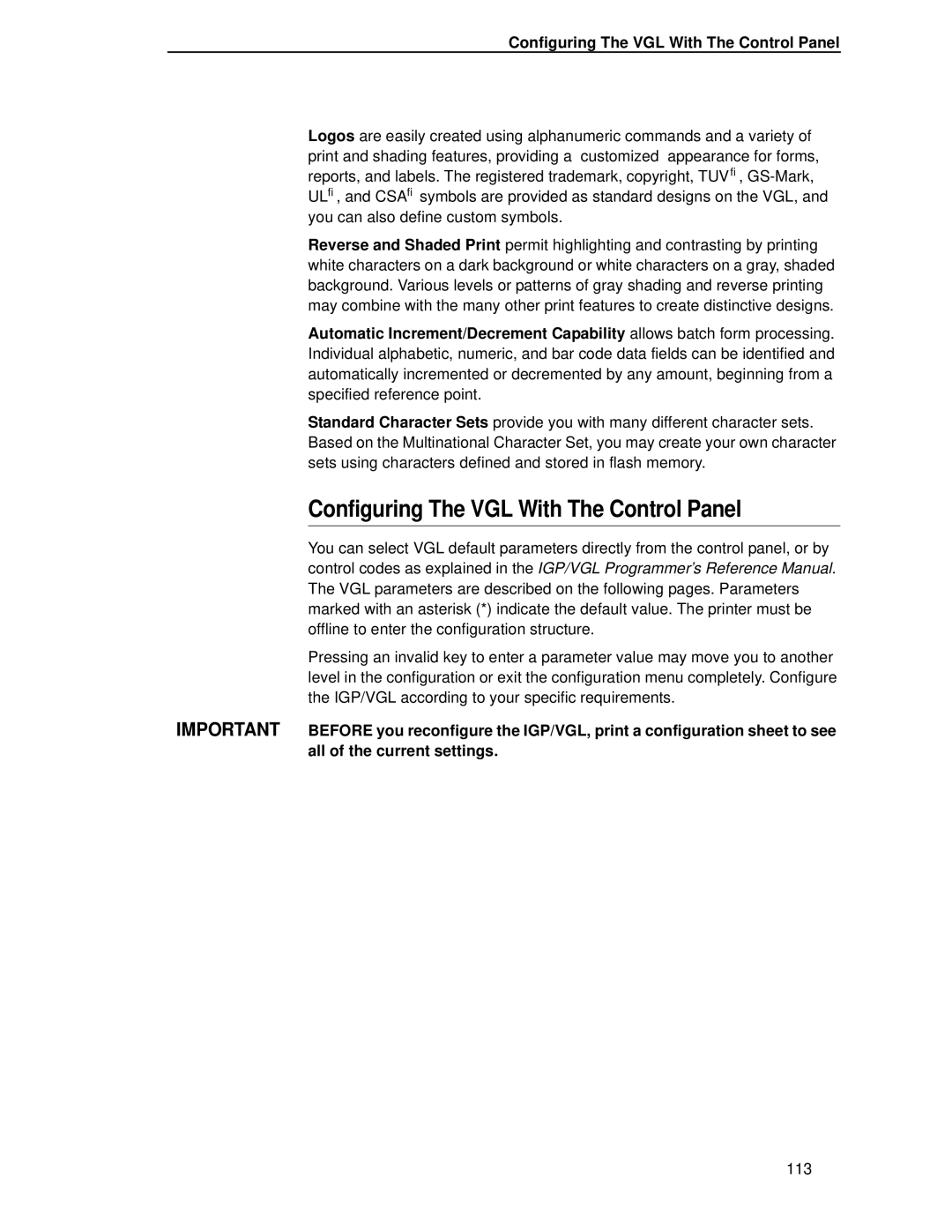 Printronix T4204 manual Configuring The VGL With The Control Panel 