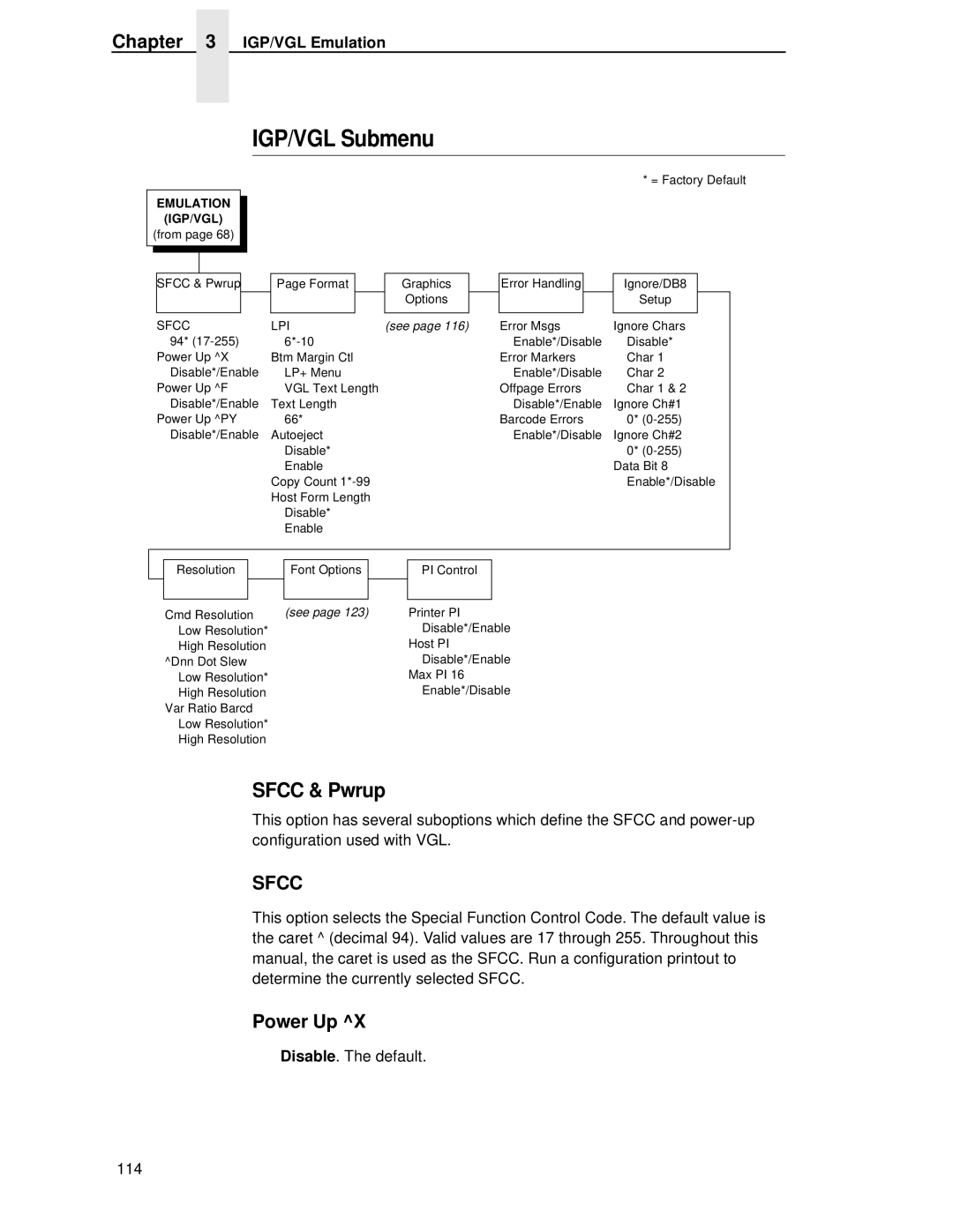 Printronix T4204 manual IGP/VGL Submenu, Sfcc & Pwrup, Power Up 