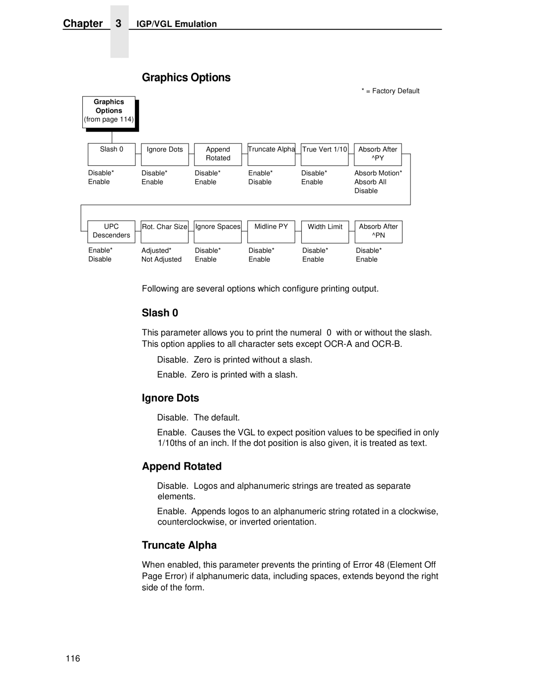 Printronix T4204 manual Graphics Options, Slash, Ignore Dots, Append Rotated, Truncate Alpha 