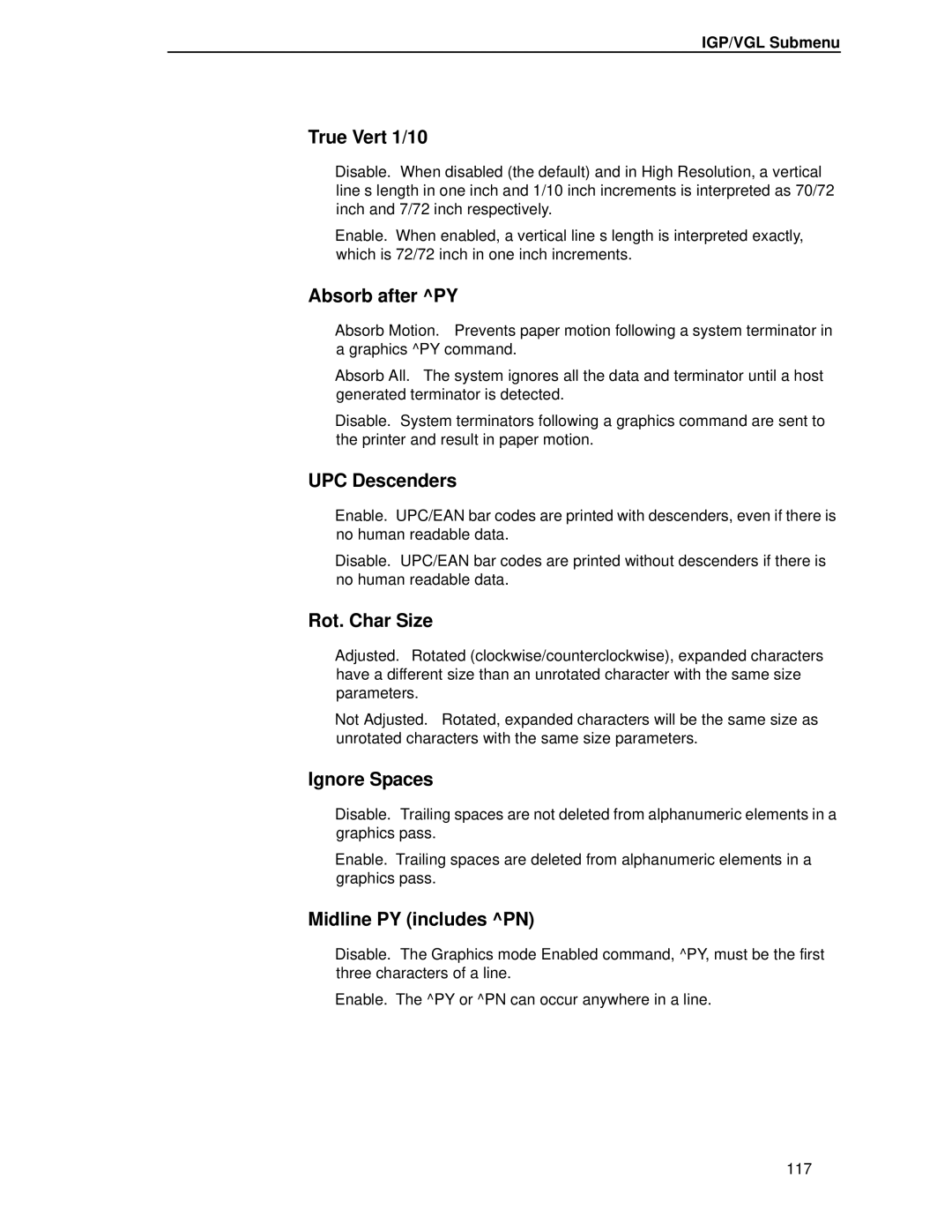 Printronix T4204 manual True Vert 1/10, Absorb after PY, Rot. Char Size, Ignore Spaces, Midline PY includes PN 