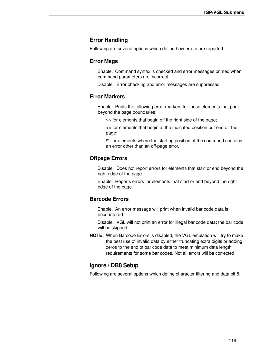 Printronix T4204 manual Error Handling, Ignore / DB8 Setup 