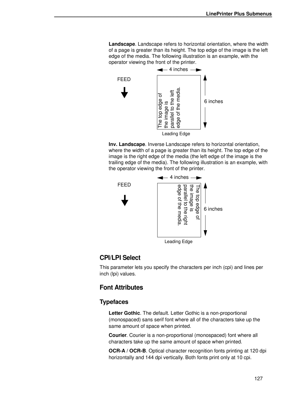 Printronix T4204 manual CPI/LPI Select, Font Attributes, Typefaces 