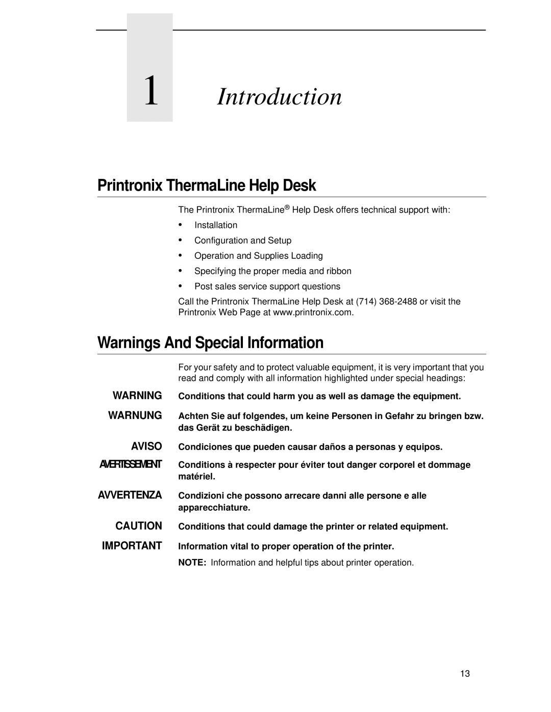 Printronix T4204 manual Introduction, Printronix ThermaLine Help Desk 