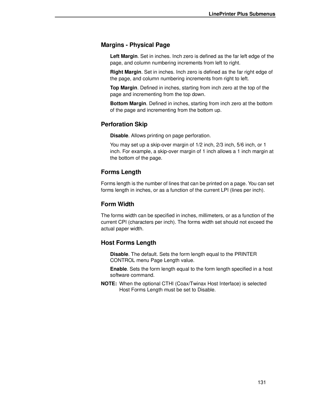 Printronix T4204 manual Margins Physical, Perforation Skip, Form Width, Host Forms Length 