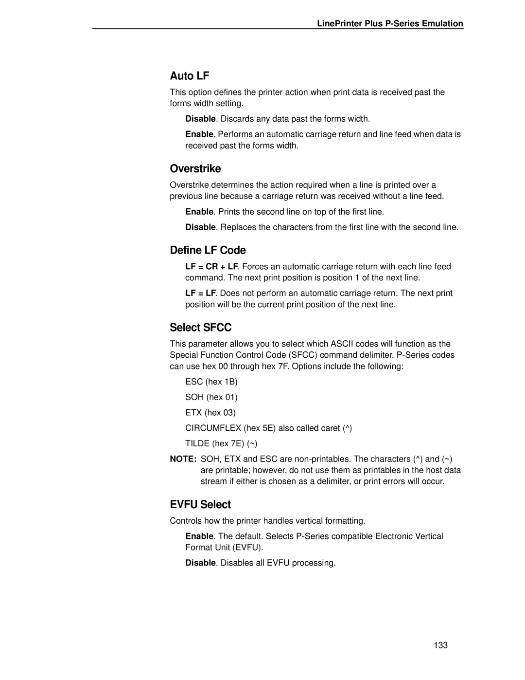 Printronix T4204 manual Auto LF, Overstrike, Define LF Code, Evfu Select, LinePrinter Plus P-Series Emulation 