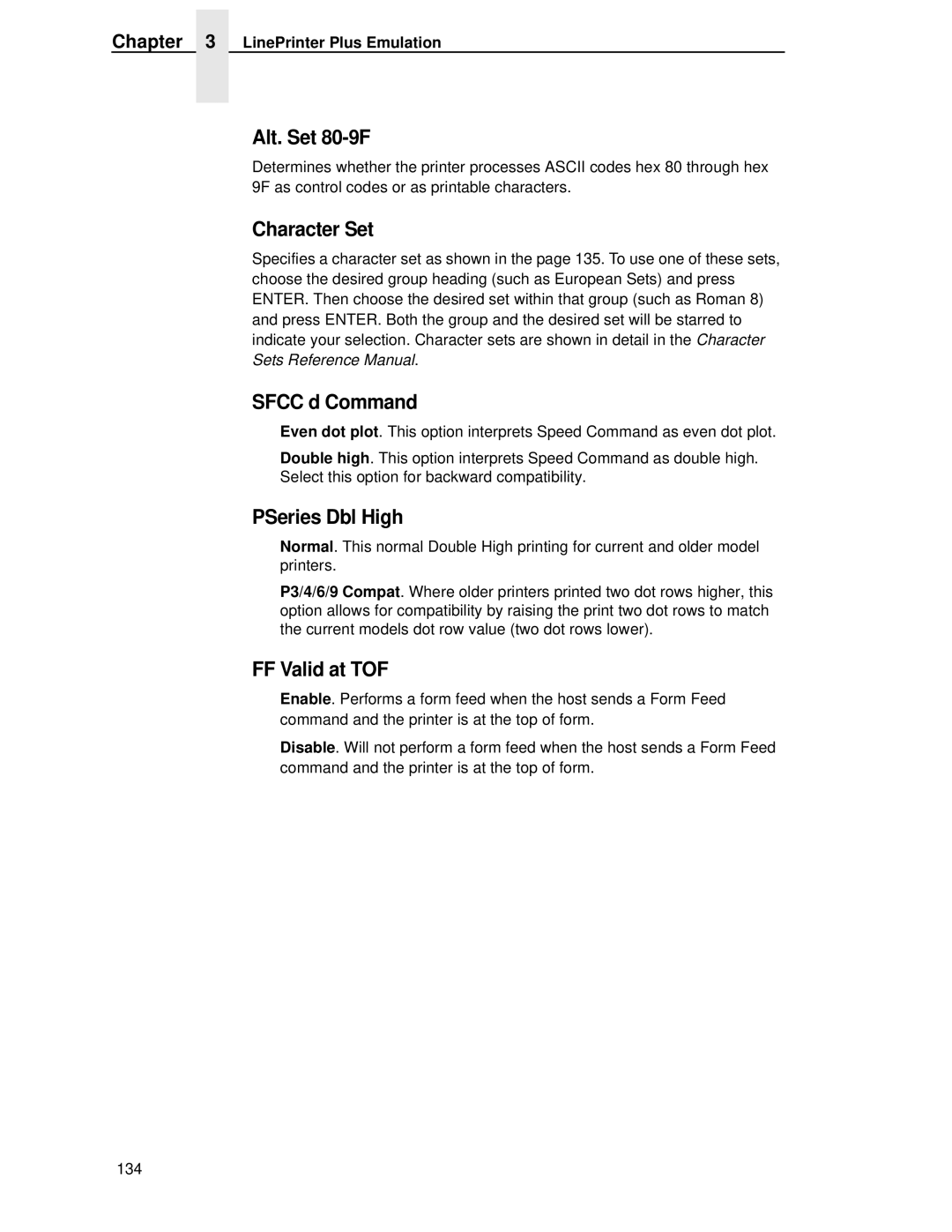 Printronix T4204 manual Alt. Set 80-9F, Character Set, Sfcc d Command, PSeries Dbl High, FF Valid at TOF 