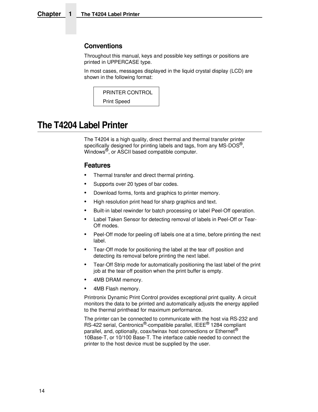 Printronix manual T4204 Label Printer, Conventions, Features, Printer Control 