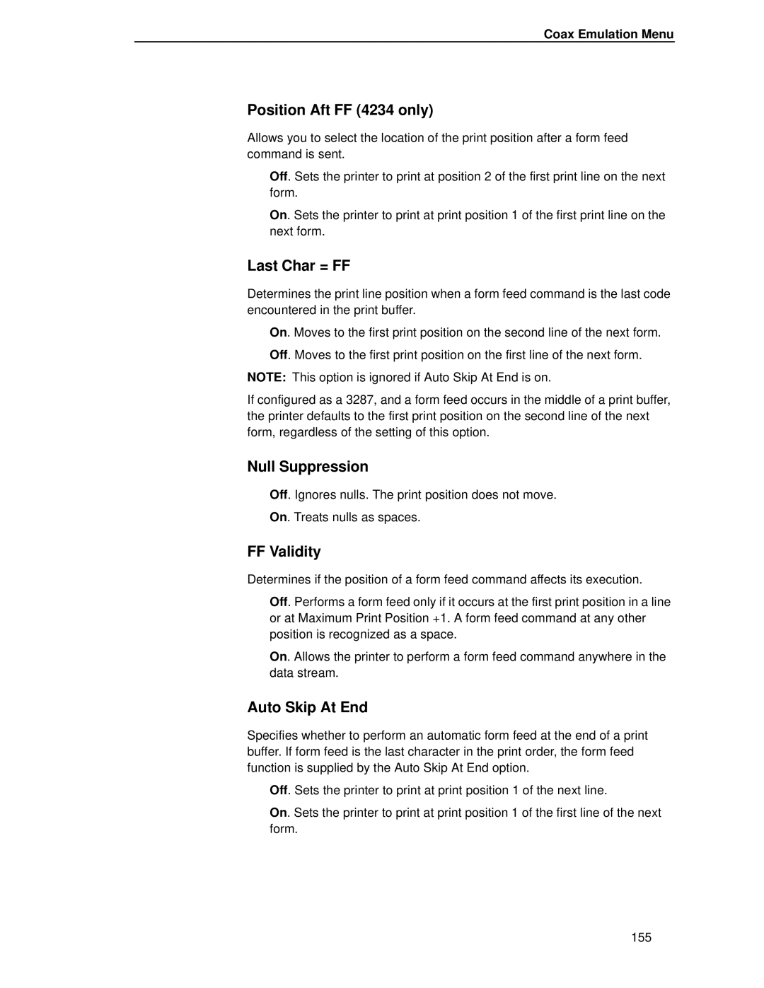 Printronix T4204 manual Position Aft FF 4234 only, Last Char = FF, Null Suppression, FF Validity, Auto Skip At End 