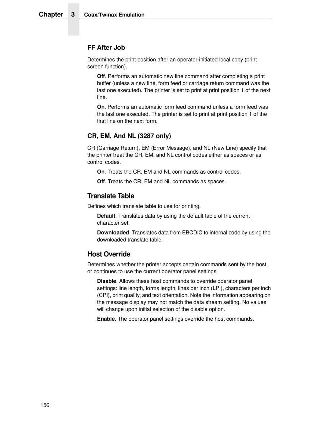 Printronix T4204 manual Translate Table, Host Override, FF After Job, CR, EM, And NL 3287 only 