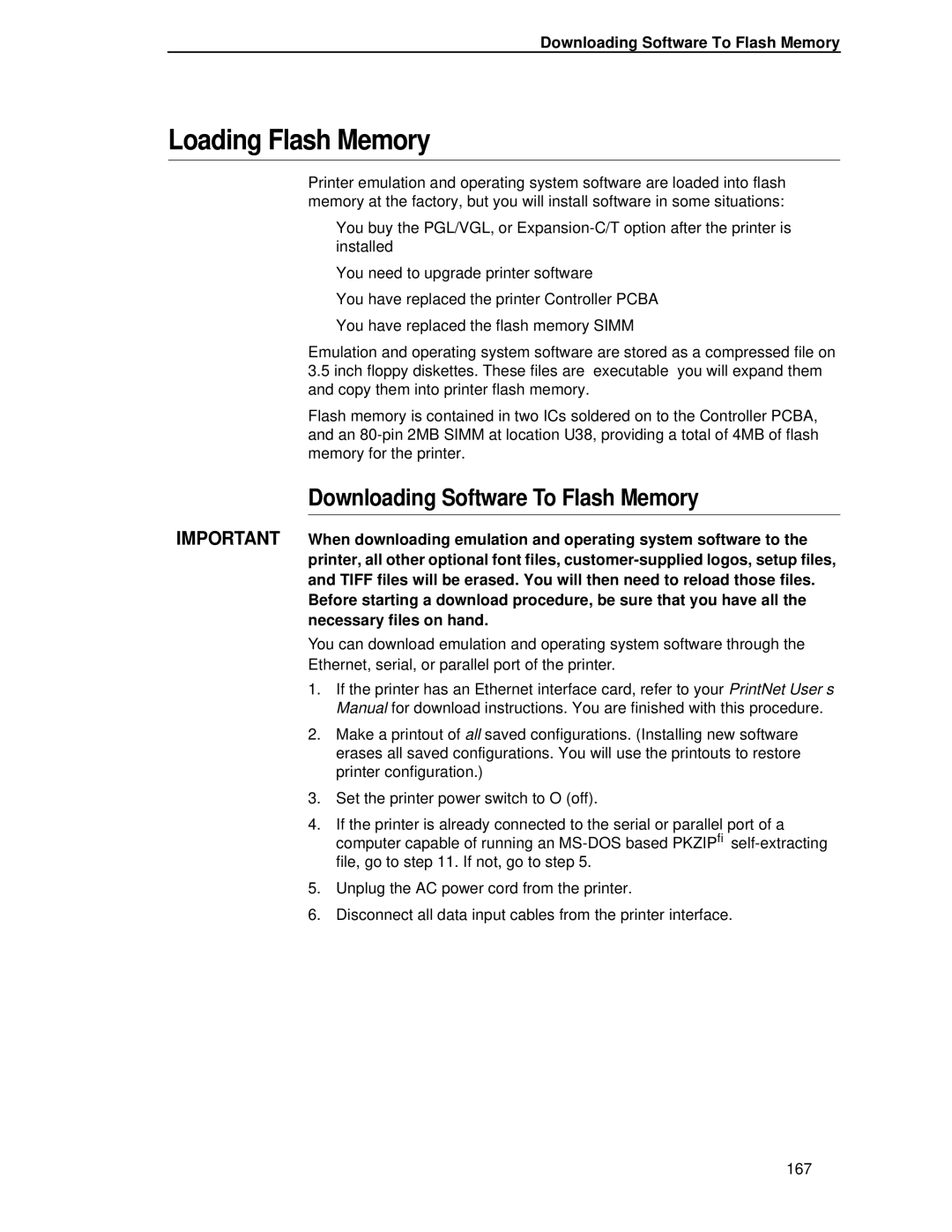 Printronix T4204 manual Loading Flash Memory, Downloading Software To Flash Memory 