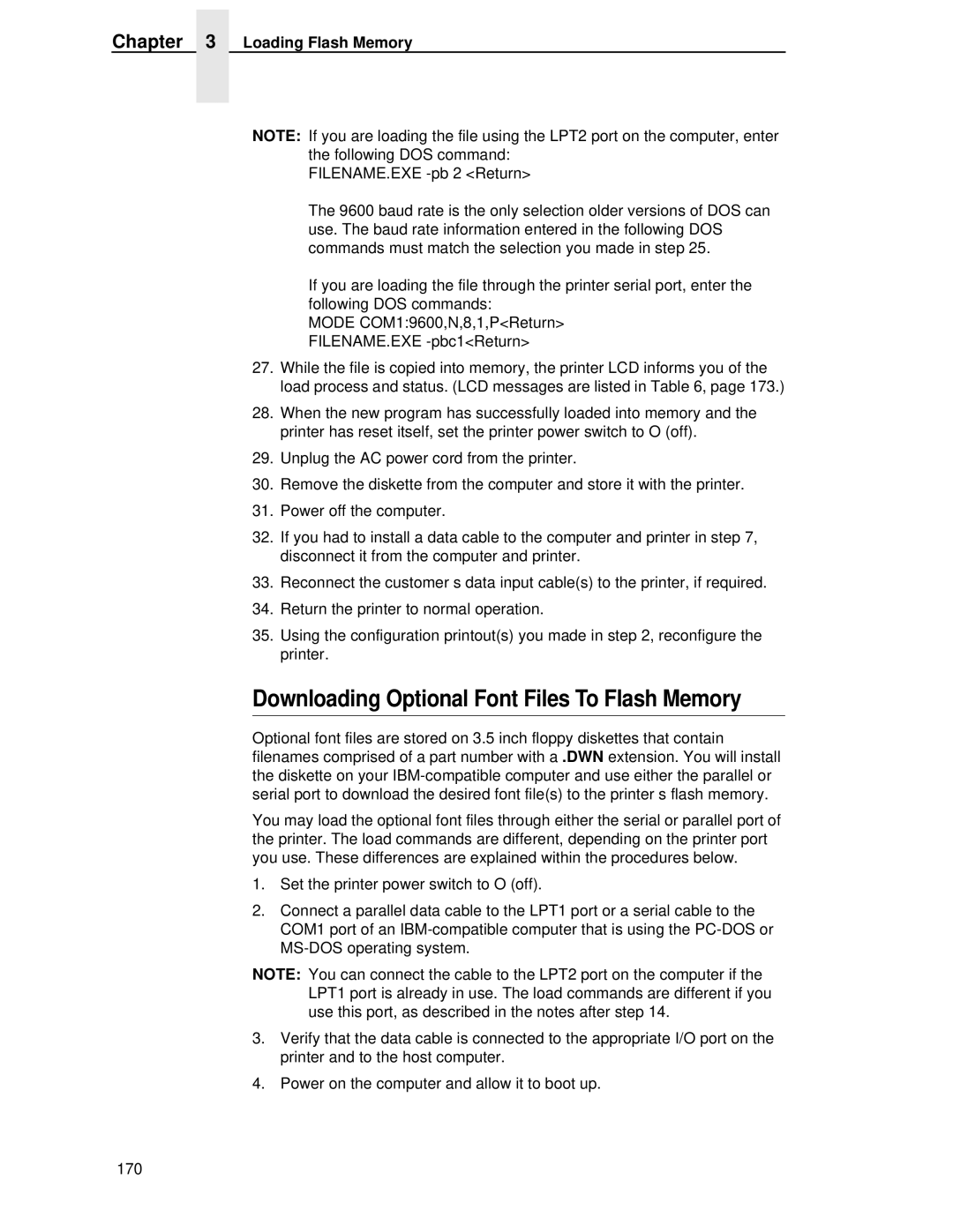 Printronix T4204 manual Downloading Optional Font Files To Flash Memory 