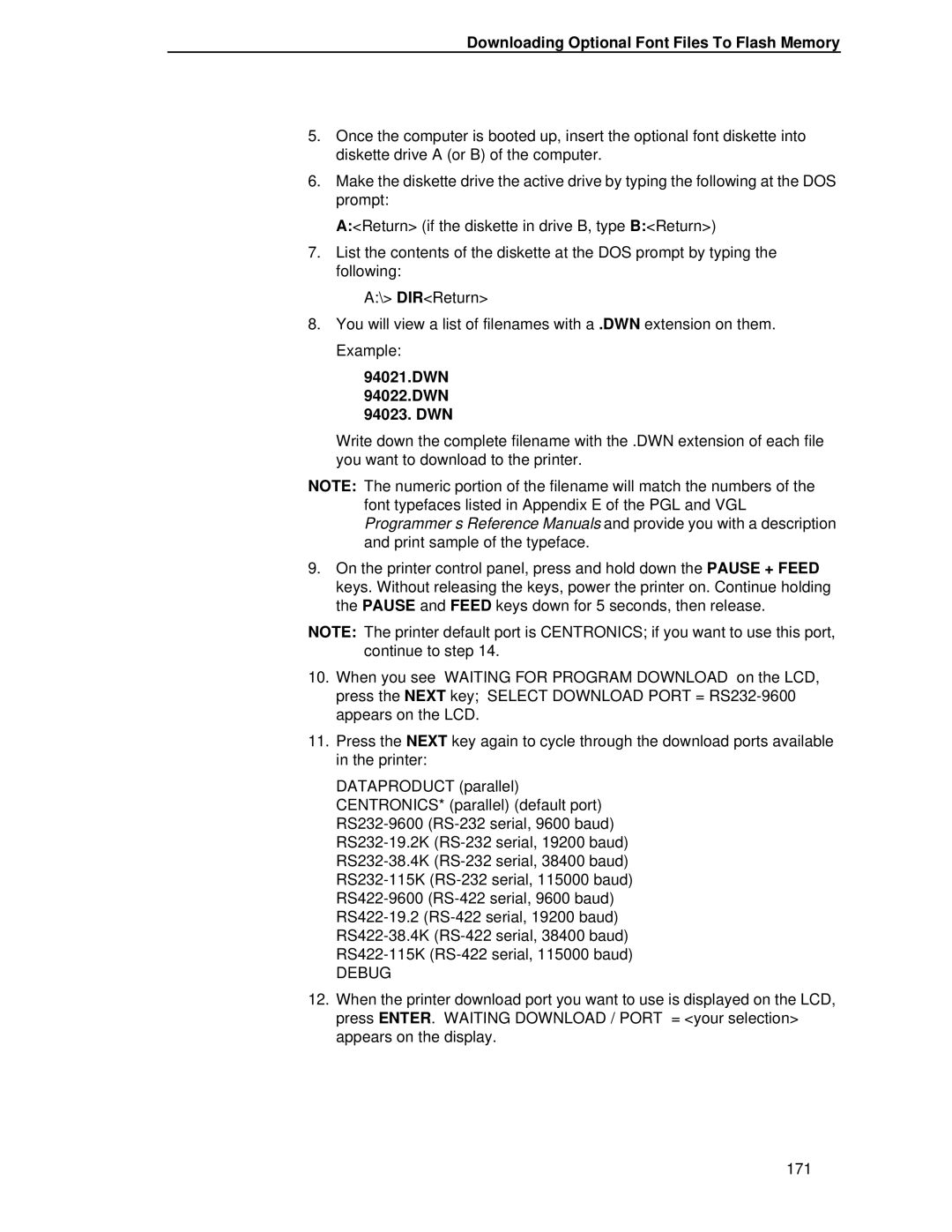 Printronix T4204 manual Downloading Optional Font Files To Flash Memory, DWN DWN 94023. DWN, Debug 