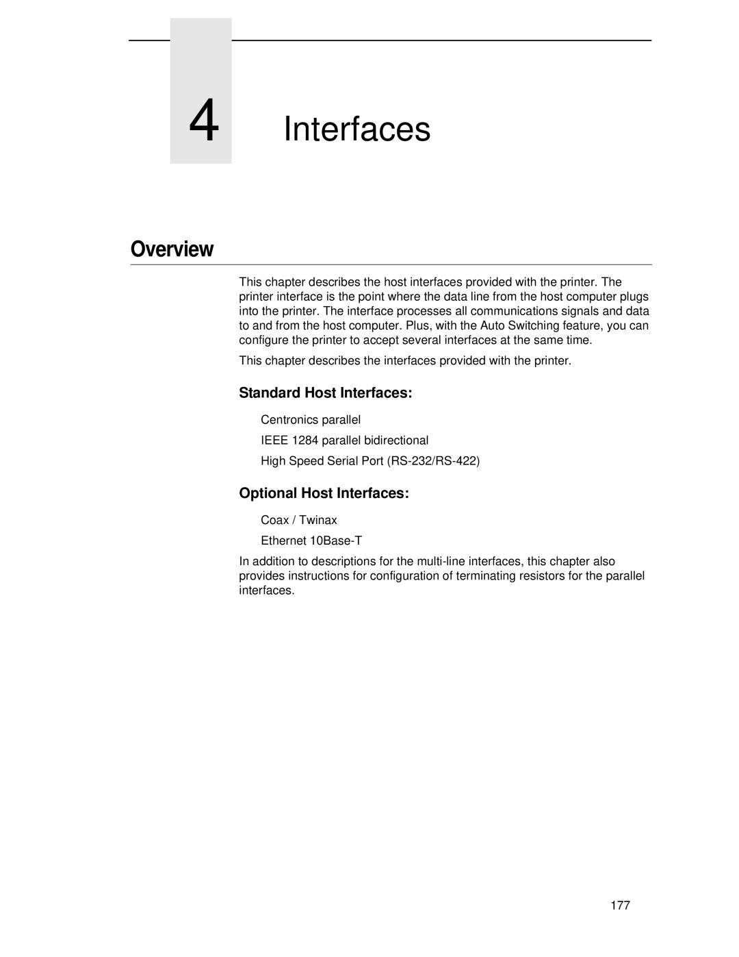 Printronix T4204 manual Standard Host Interfaces, Optional Host Interfaces 