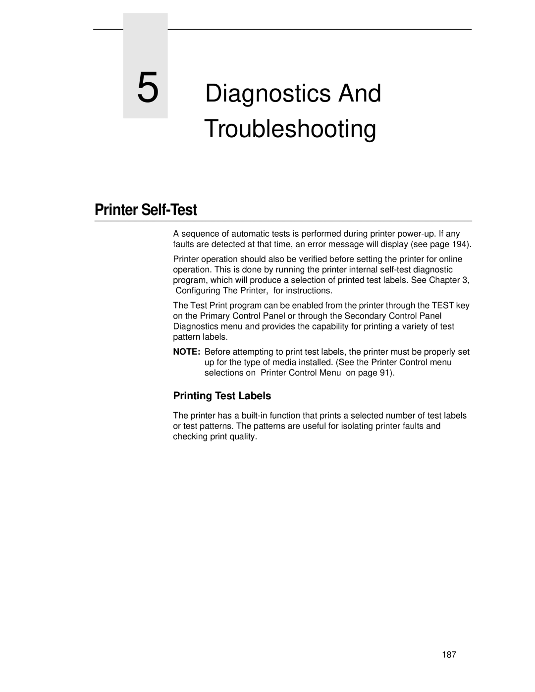 Printronix T4204 manual Printer Self-Test, Printing Test Labels 