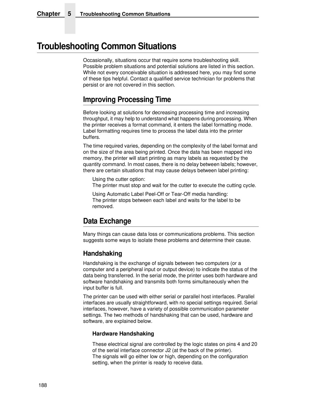 Printronix T4204 manual Troubleshooting Common Situations, Improving Processing Time, Data Exchange, Handshaking 