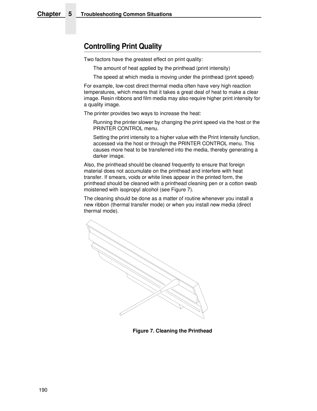 Printronix T4204 manual Controlling Print Quality, Cleaning the Printhead 