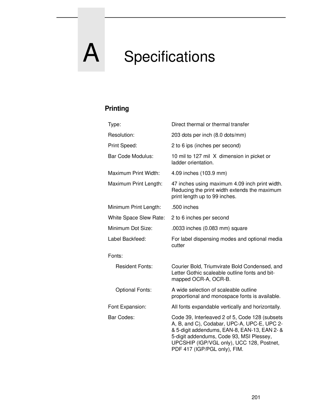 Printronix T4204 manual Specifications, Printing 