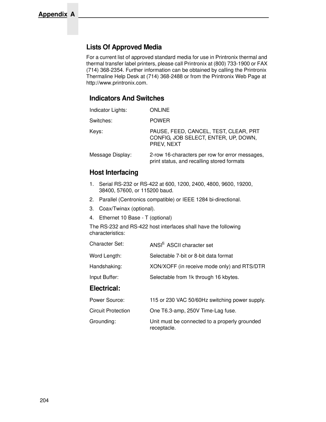 Printronix T4204 manual Lists Of Approved Media, Indicators And Switches, Host Interfacing, Electrical 