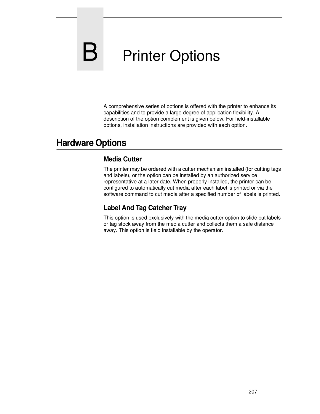 Printronix T4204 manual Hardware Options, Media Cutter, Label And Tag Catcher Tray 