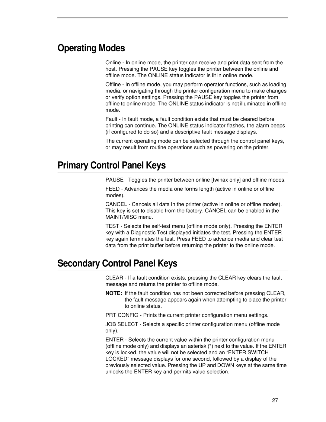 Printronix T4204 manual Operating Modes, Primary Control Panel Keys, Secondary Control Panel Keys 