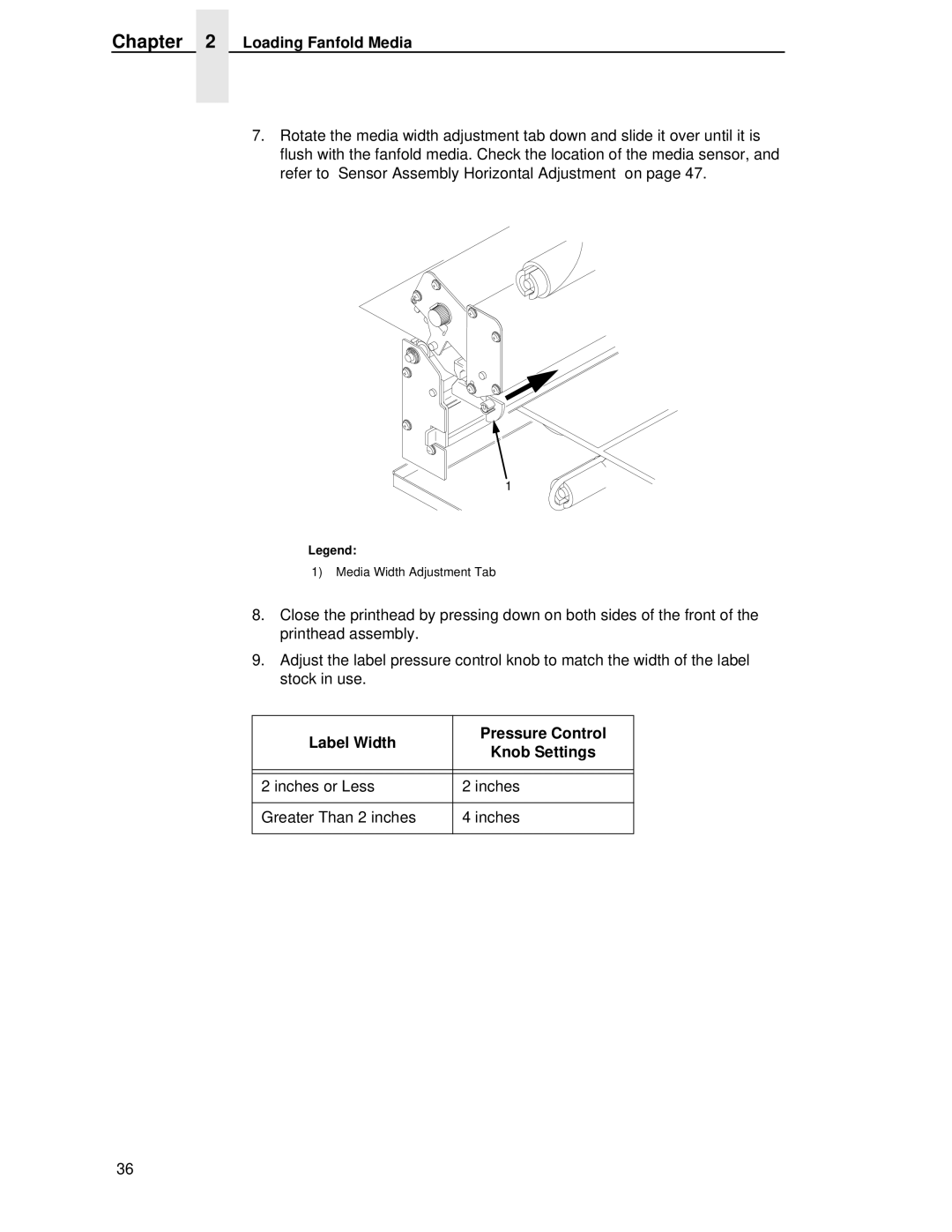 Printronix T4204 manual Label Width Pressure Control Knob Settings 