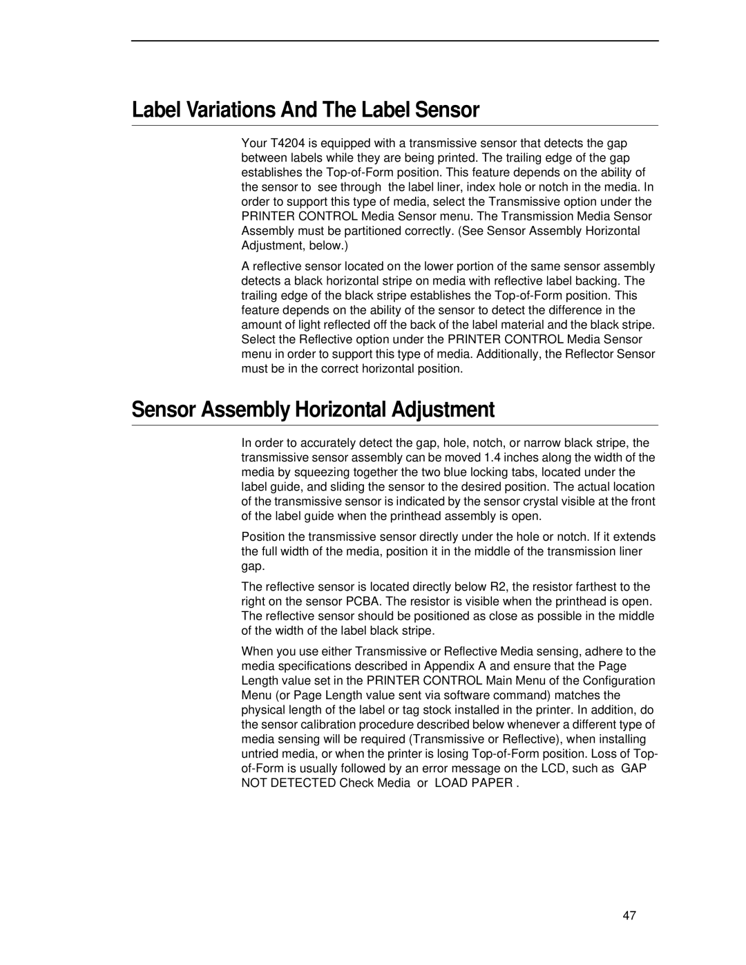 Printronix T4204 manual Label Variations And The Label Sensor, Sensor Assembly Horizontal Adjustment 