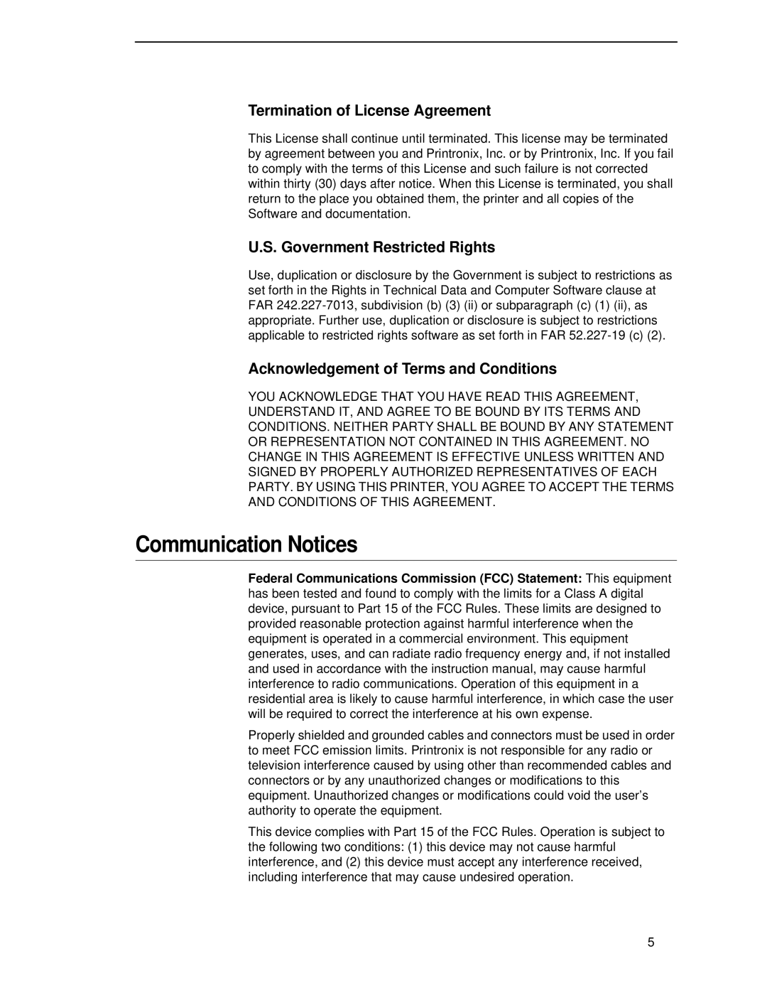 Printronix T4204 manual Communication Notices, Termination of License Agreement, Government Restricted Rights 