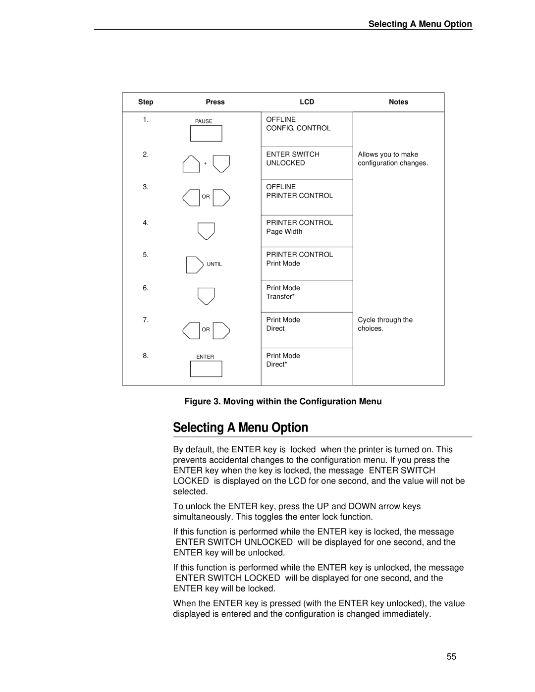 Printronix T4204 manual Selecting a Menu Option, Press 