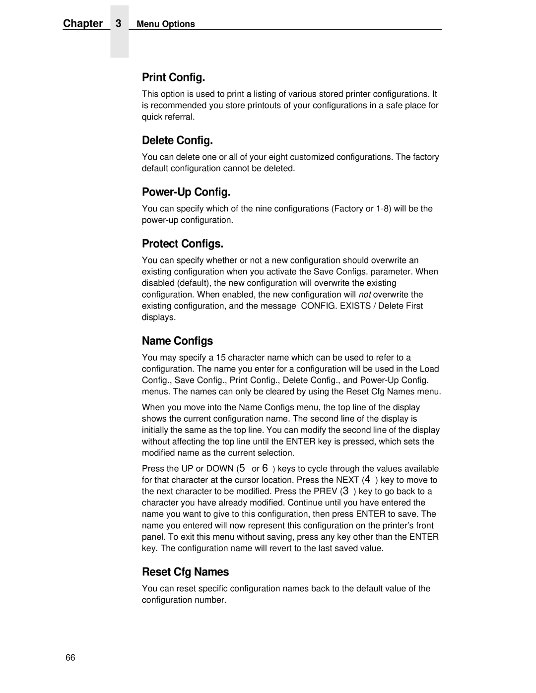 Printronix T4204 manual Print Config, Delete Config, Power-Up Config, Protect Configs, Name Configs, Reset Cfg Names 