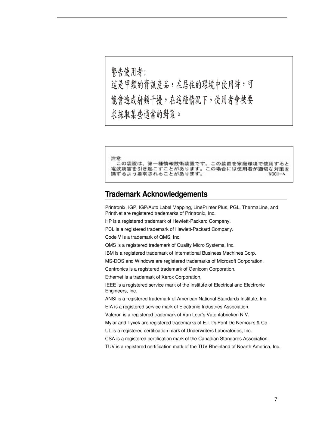 Printronix T4204 manual Trademark Acknowledgements 