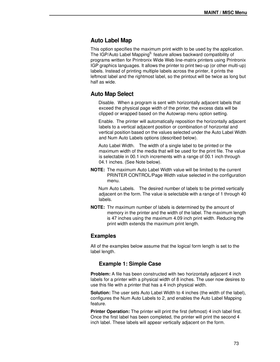 Printronix T4204 manual Auto Label Map, Auto Map Select, Examples, Example 1 Simple Case 