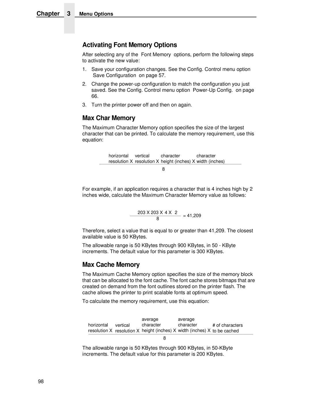 Printronix T4204 manual Activating Font Memory Options, Max Char Memory, Max Cache Memory 