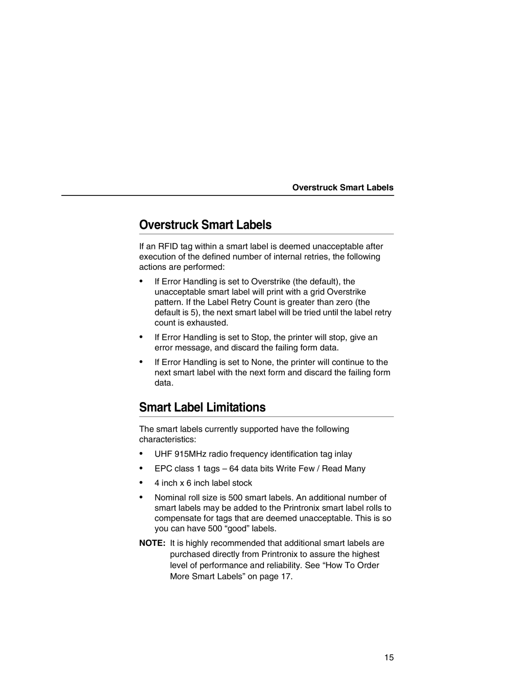 Printronix T5000 setup guide Overstruck Smart Labels, Smart Label Limitations 