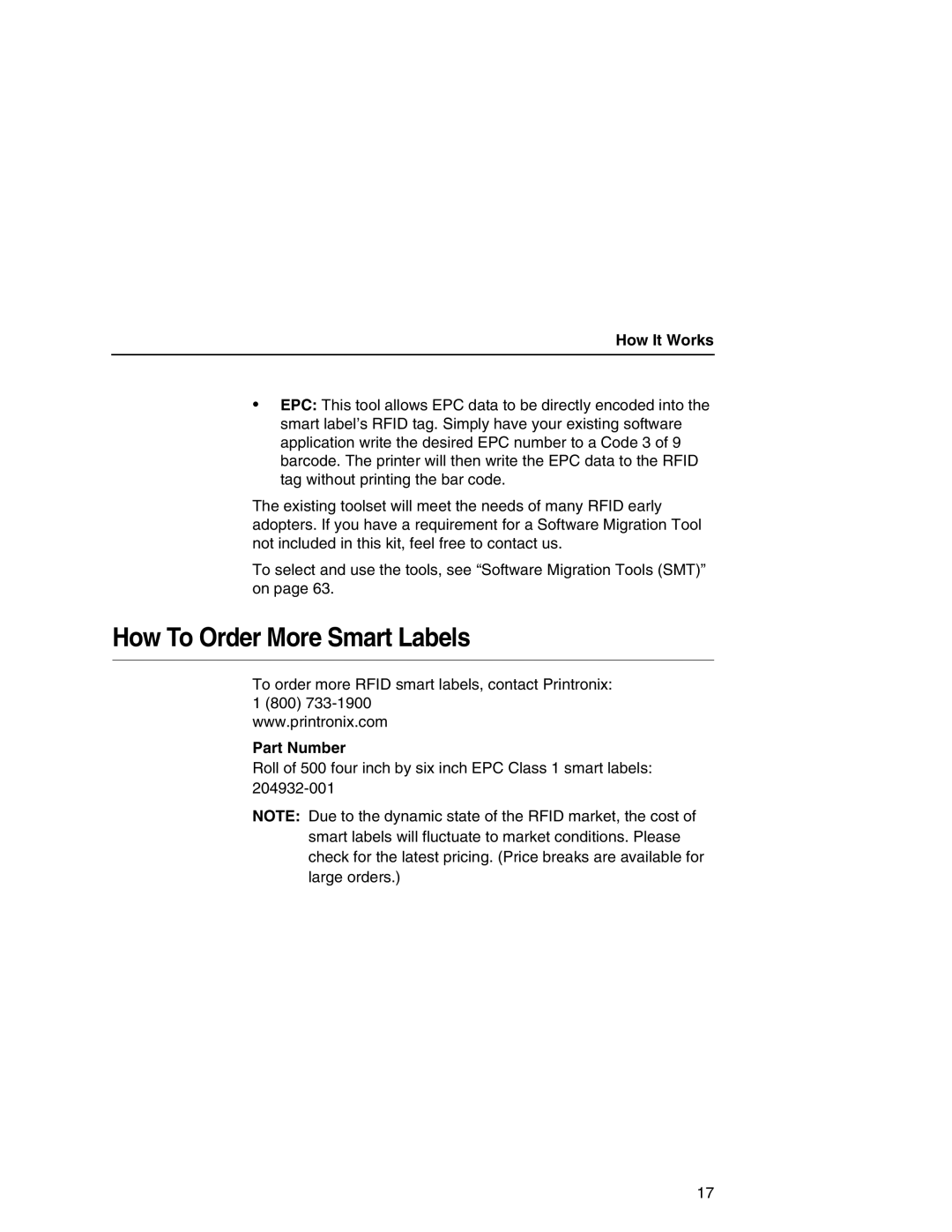 Printronix T5000 setup guide How To Order More Smart Labels, How It Works, Part Number 