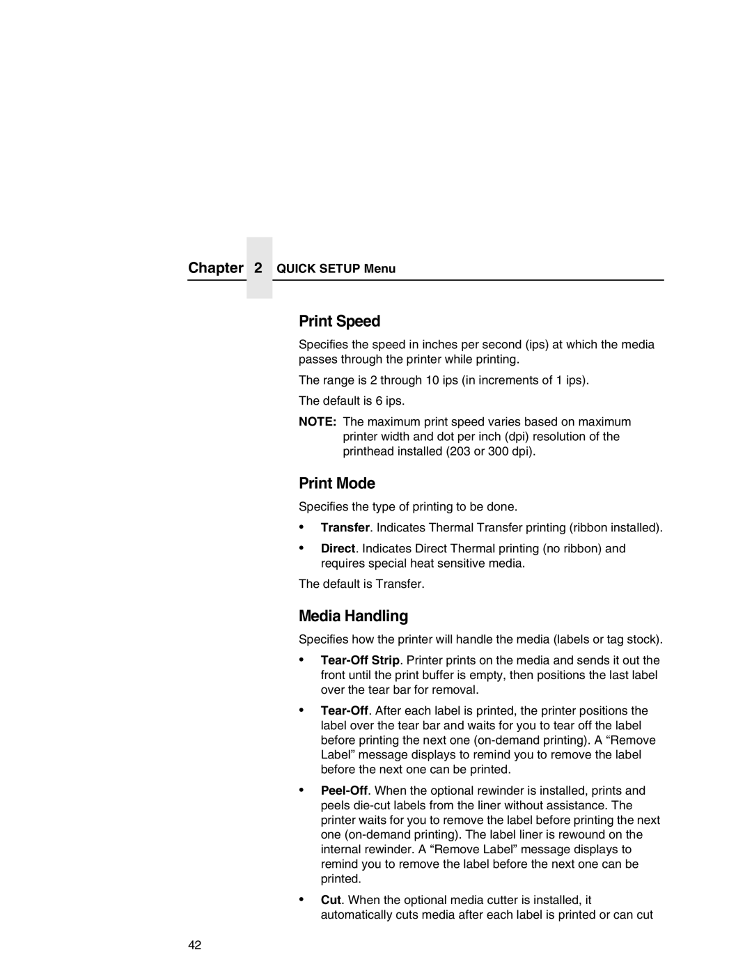 Printronix T5000 setup guide Print Speed, Print Mode, Media Handling 