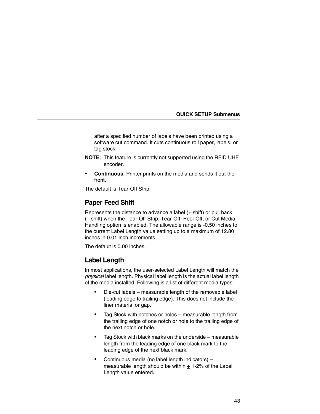 Printronix T5000 setup guide Paper Feed Shift, Label Length 